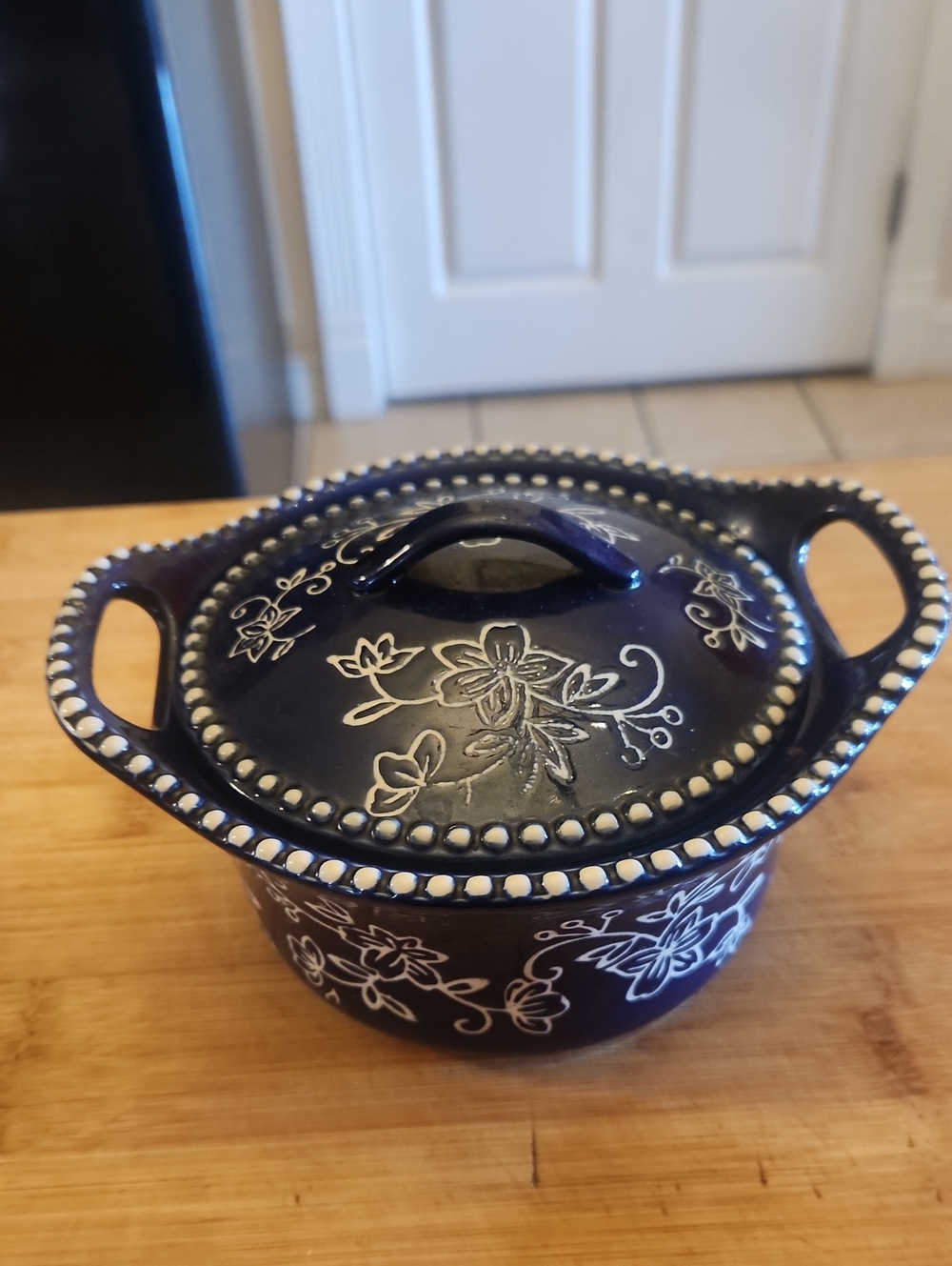 Temptations Navy Blue Floral Covered Casserole with Beaded Rim